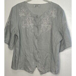 Vintage Linen Blouse Size 14 Embroidered Cottage Dainty Light Gray Short Sleeve